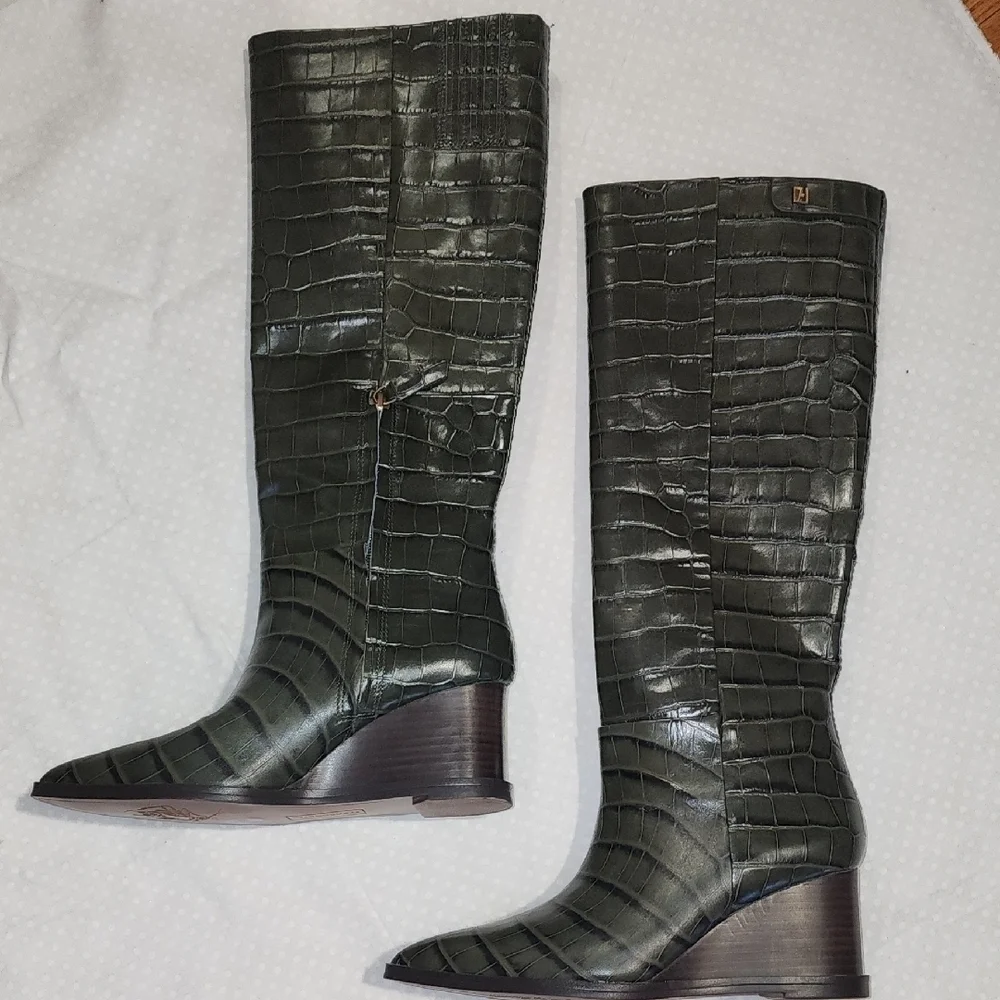 Franco Sarto Green Wedge Boots with Croc Texture